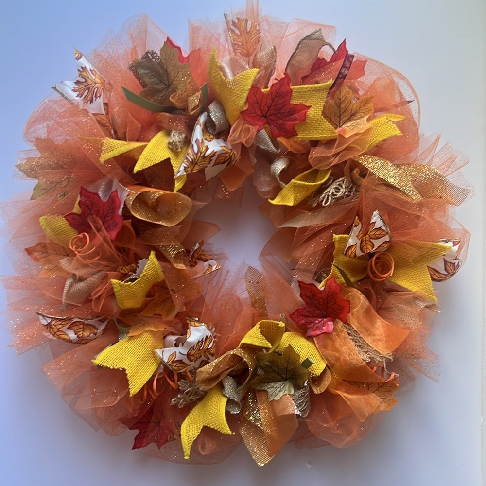 Homemade Autumn Harvest Wreath with Orange and Yellow Accents